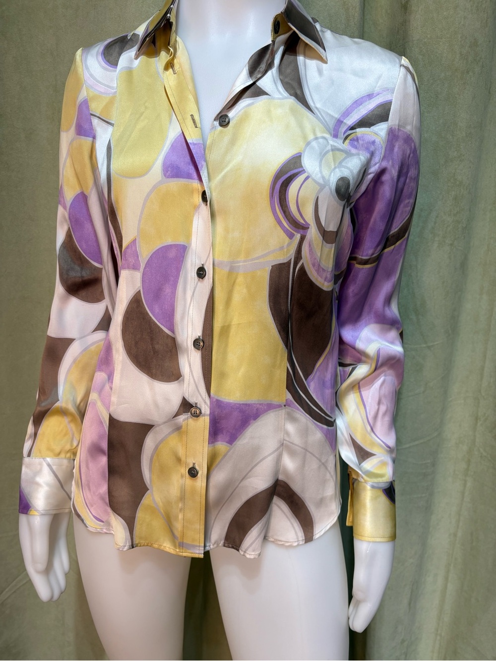 Basler Multicolor Abstract Satin Button-Up Blouse